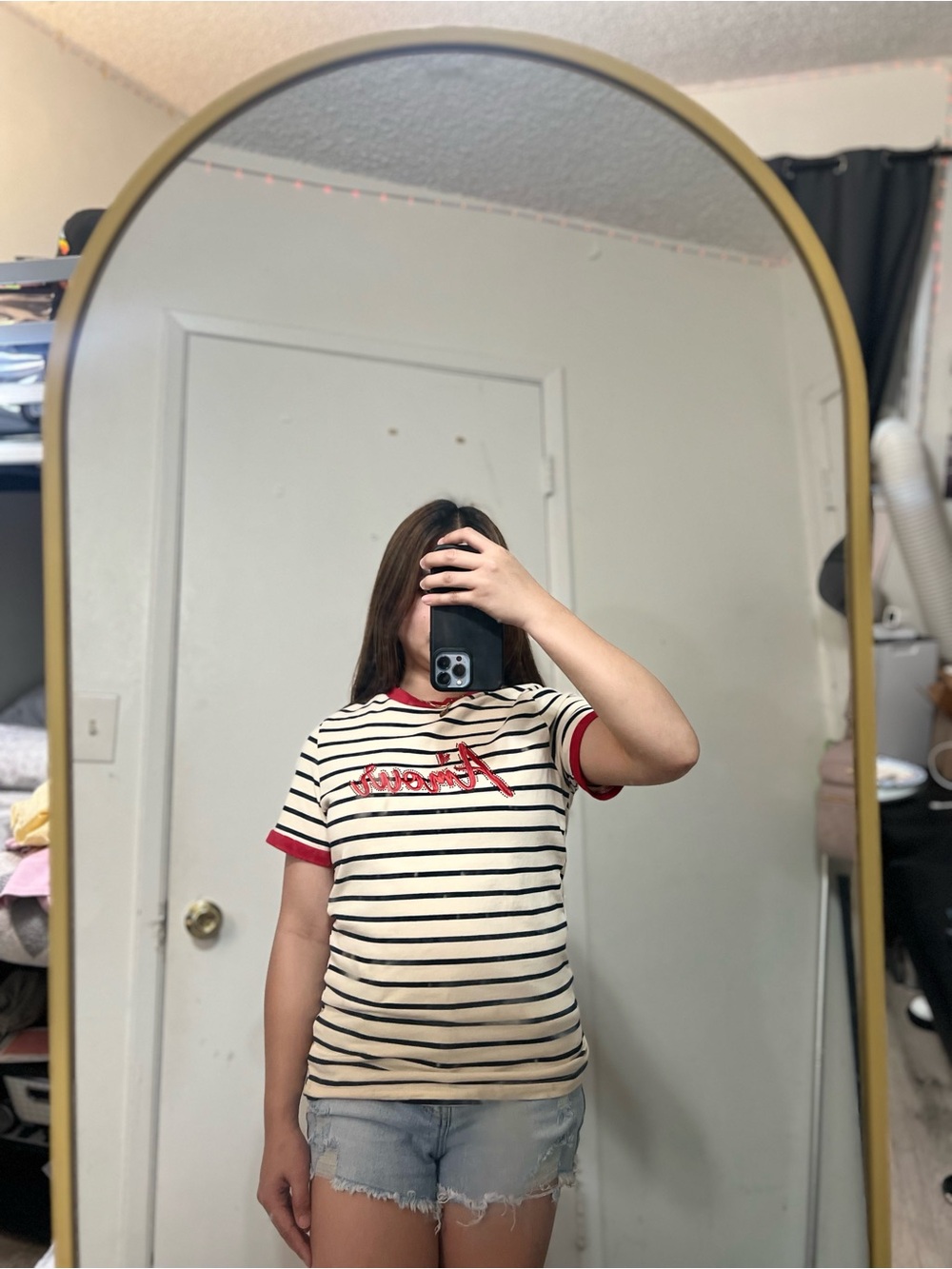 Kids Cream & Black Striped Tee with Red Trim and Script